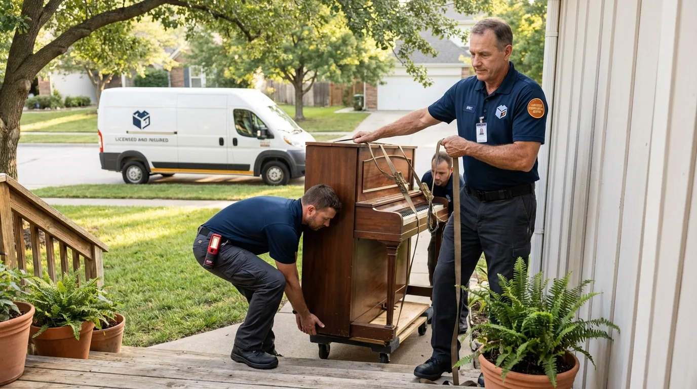 Licensed piano movers securing grand piano in South Boston, MA