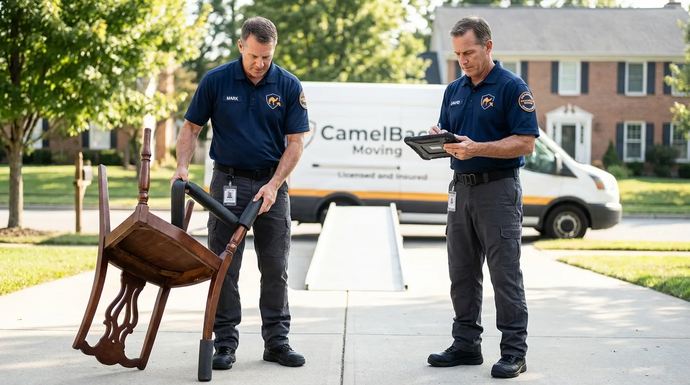 Movers inspecting furniture for damage prevention before loading in South Boston, MA