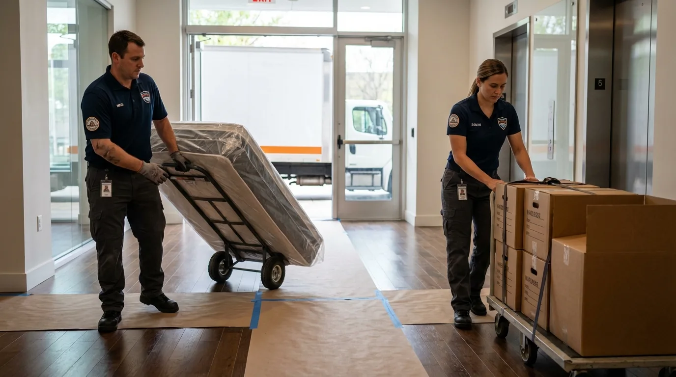 Professional apartment movers loading elevator in South Boston, MA