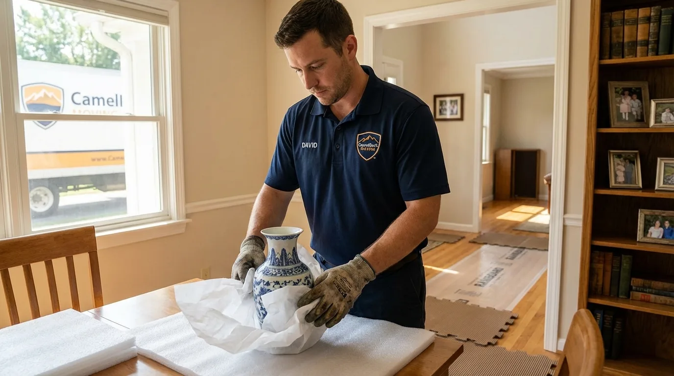 Professional crew carefully wrapping antique vase for senior downsizing move in South Boston, MA
