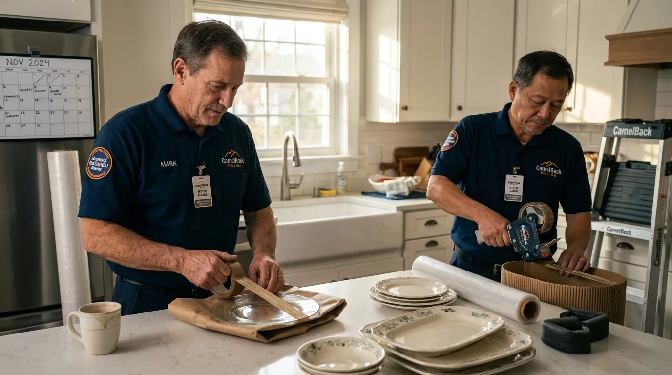 Professional crew packing kitchen dishware in South Boston, MA